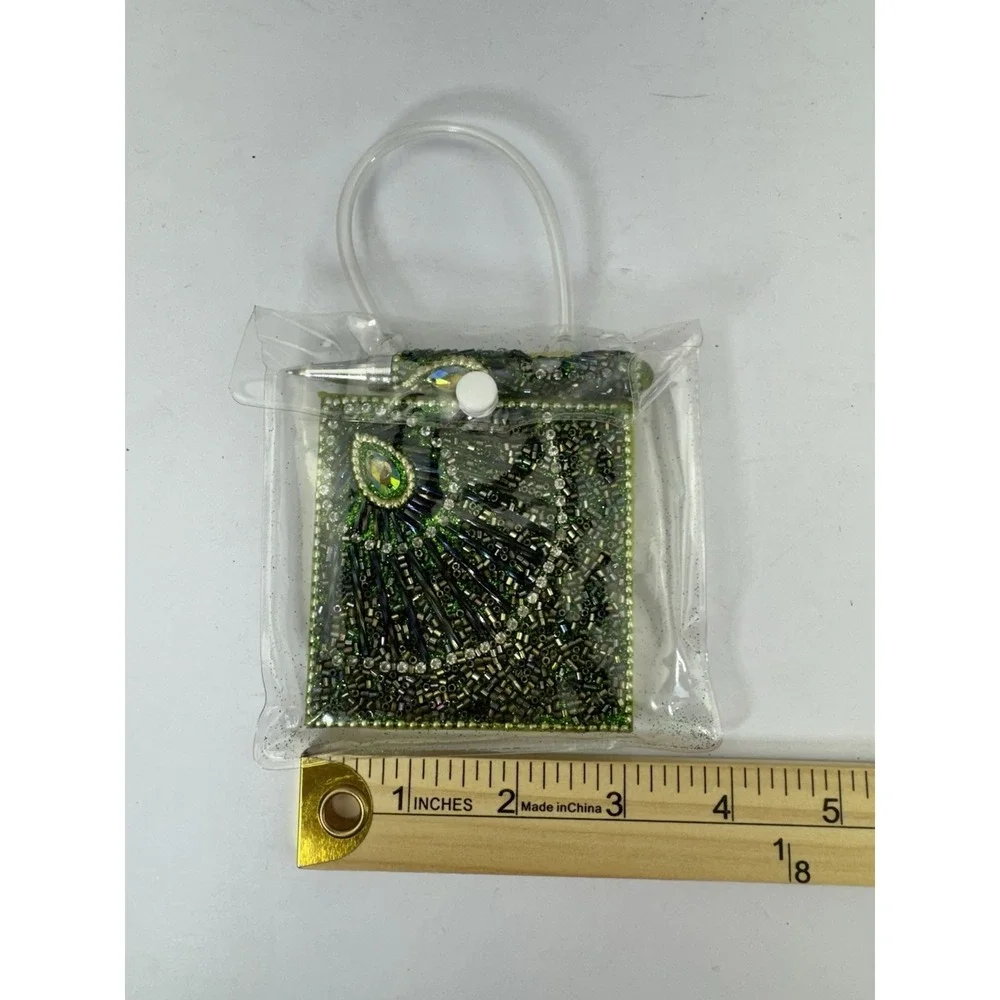 Pier 1 Mini Notebook Green Peacock Sequined With Mini Pen and Plastic Bag